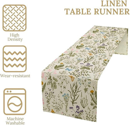 Vintage Wildflower Table Runner,Spring Floral Herbs Botanical Summer Butterfly Print Table Runner for Kitchen Dining Table Home Party Decor 13x60in