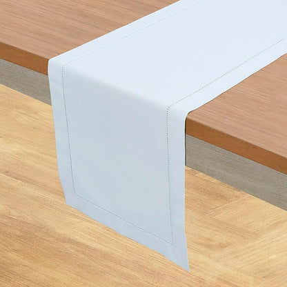 Solino Home Cotton Linen Table Runner 36 Inches - Light Blue Hemstitch Table Runner 14 x 36 Inch Ideal for Dresser and Coffee Tables, Spring, Easter