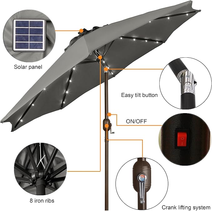 9 ft Solar Umbrella, 32 LED Lighted Patio Umbrella, Table Market Umbrella - Image 2
