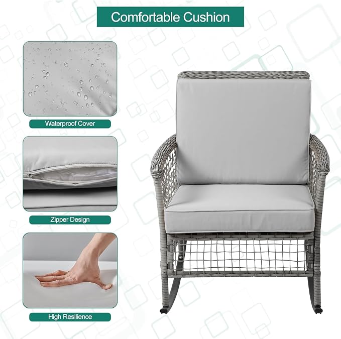 DECMICO 3-Piece Grey Wicker Rocking Chair Set, Outdoor Patio Furniture | Modern - Image 6