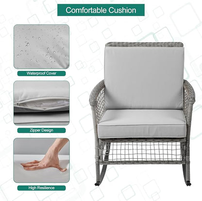 DECMICO 3-Piece Grey Wicker Rocking Chair Set, Outdoor Patio Furniture | Modern - Image 6