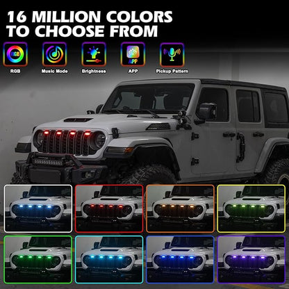 MAIKER RGB LED Grille Lights Compatible with 2024-2025 Jeep Wrangler JL JLU JT Original Factory Grille, 4PCS RGB Adjustable Atmosphere Exterior Grill Lights Remote APP Control
