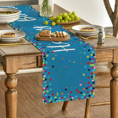 Artoid Mode Polka Dot Blue Happy Birthday Table Runner, Seasonal Winter Kitchen Dining Table Decoration for Home Party Decor 13x72 Inch