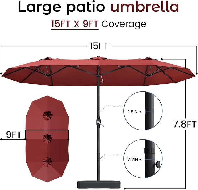 15ft Red Patio Umbrella with Base Included, Rectangle Double Extra Large Table - Image 7