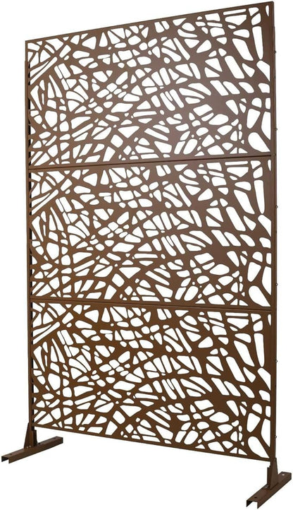 Outdoor Decorative Metal Privacy Screen Panel, 48" L x 16" W x 76" H, Steel Partition for Garden, Patio, and Backyard, Freestanding with Stable Base, Modern Geometric Design, Brown