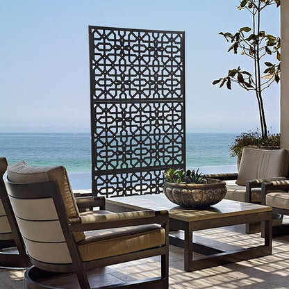 Outdoor Metal Privacy Screen with Stand, 35.4" W x 75" H Freestanding Metal Slatted Decorative Privacy Screen and Panels for Patio Garden Balcony Porch (Black Polygonal)