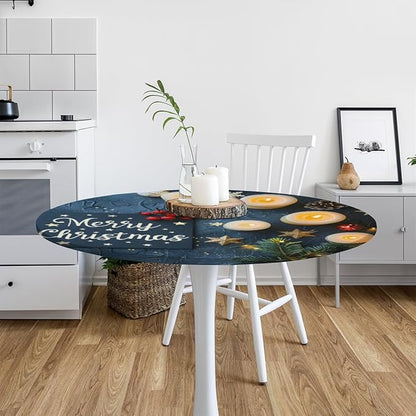 Merry Christmas Candle Star Round Table Cloth Cover, Elastic Edge Waterproof Wipeable Tablecloths 45"-56" Polyester Tablecloth for Party Restaurant Banquet Holiday Camping Outdoor Picnic