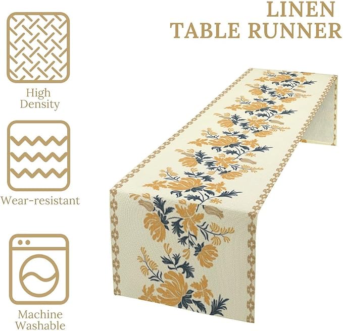 Vintage Yellow Floral Table Runner,Spring Summer Boho Flower Print Table Decoration for Kitchen Dining Table Home Farmhouse Party Decor 13x108in