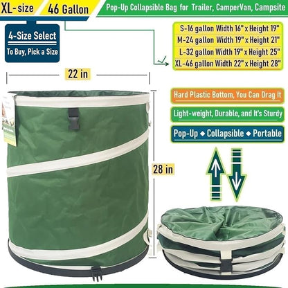 46-Gallon Collapsible Trash Can (22x28 in) Hard-Shell Bottom Yard Garden Bag,Big Leaf Bag,Yard Waste Bag,Debris Container,Pop-Up Recycling Bin,Camping Waste Bin,Laundry Hamper,Lawn Grass,Weeds Barrel