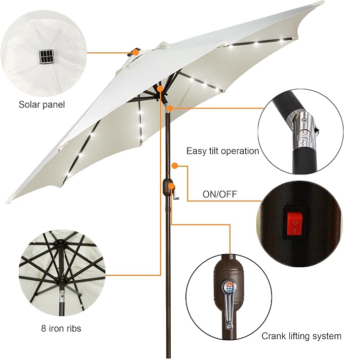 9 ft Solar Umbrella, 32 LED Lighted Patio Umbrella, Table Market Umbrella - Image 2