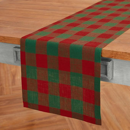 Solino Home Linen Checkered Table Runner 60 Inches - 100% Pure Linen Buffalo Check Red and Green Table Runner 14 x 60 Inch Ideal for Dresser and Coffee Tables - Winter