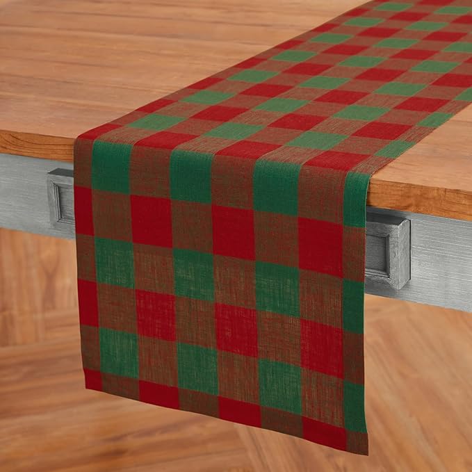 Solino Home Linen Checkered Table Runner 120 Inches Long - 100% Pure Linen Buffalo Check Red and Green Table Runner 14 x 120 Inch Ideal for Dining, Winter