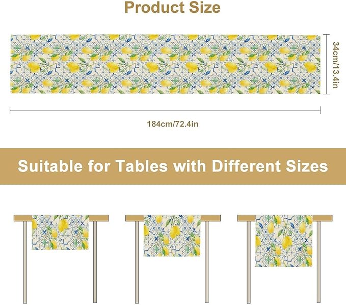 Lemon Table Runner, Summer Fruit Vintage Morocco Blue Tiles Table Runners for Farmhouse Coffee Home Kitchen Dining Party Patio Outdoor 13x36in