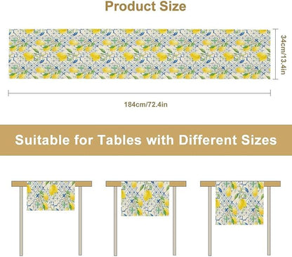 Lemon Table Runner, Summer Fruit Vintage Morocco Blue Tiles Table Runners for Farmhouse Coffee Home Kitchen Dining Party Patio Outdoor 13x90in
