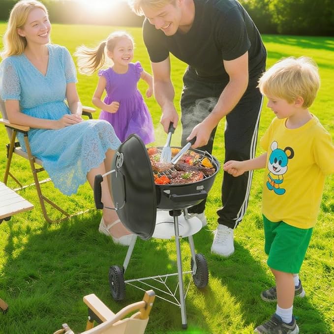 18 inch Charcoal Grill, Portable Kettle BBQ Grills, Perfect BBQ Gift, Durable & Easy to Assemble, Round Barbecue Grill with Wheels and Lid for Outdoor Cooking, Patio and Beach, Black