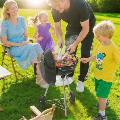 18 inch Charcoal Grill, Portable Kettle BBQ Grills, Perfect BBQ Gift, Durable & Easy to Assemble, Round Barbecue Grill with Wheels and Lid for Outdoor Cooking, Patio and Beach, Black