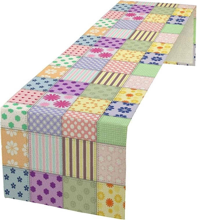 Patchwork Table Runner, Vintage Colorful Floral Plaid Tablecloth Table Runner for Indoors Outdoor Dining Kitchen Home Party 13x90in