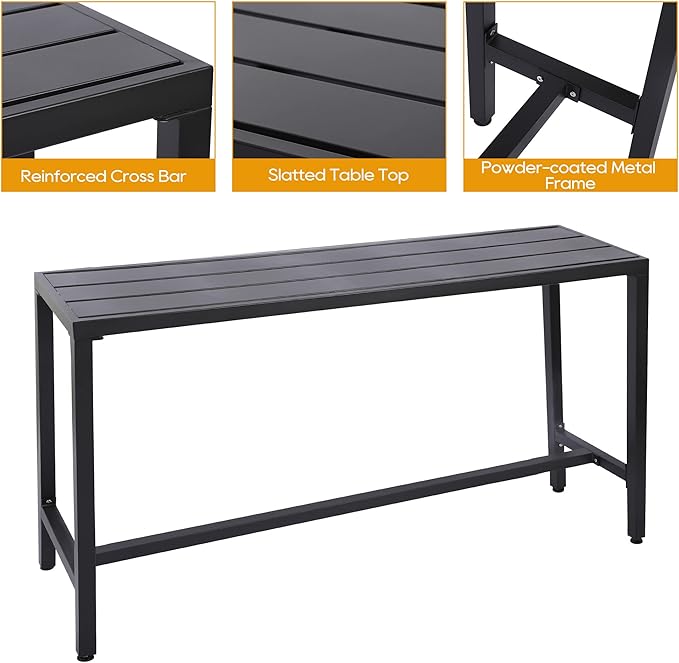 Outdoor Patio Bar Set, Bar Height Patio Dining Set, Weather-Resistant Bistro Counter Pub Set with Cushions & Slatted Tabletop for Backyard, Garden, Yard (63" Table, 6 "X Style Stool, Black)