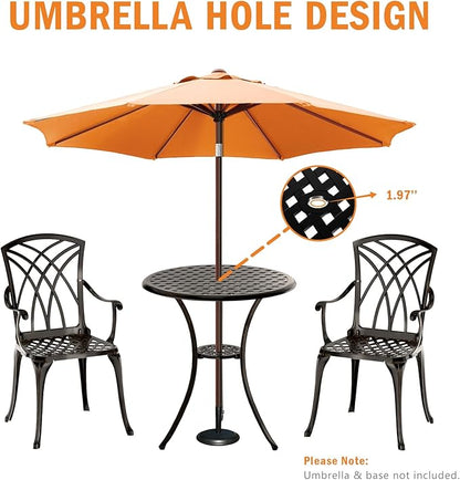 Patio Bistro Set 3 Piece, Cast Aluminum Bistro Set for 2 w/Umbrella Hole, Outdoor Table and Chairs Set of 2, Bistro Set for Balcony/Backyard/Garden, Black