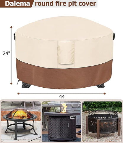 Fire Pit Cover,Outdoor Heavy Duty 600D 100% Waterproof Fire Pit Cover Round,Weatherproof Firepit Covers Round 44" Dia x 24" H,Beige & Brown