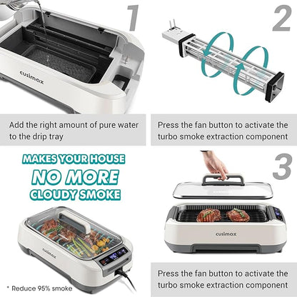 Smokeless Indoor Grill, CUSIMAX Electric Grill, 1500W Korean BBQ Grill with LED Smart Display & Tempered Glass Lid, Non-stick Removable Grill Plate, Turbo Smoke Extractor, White New Model