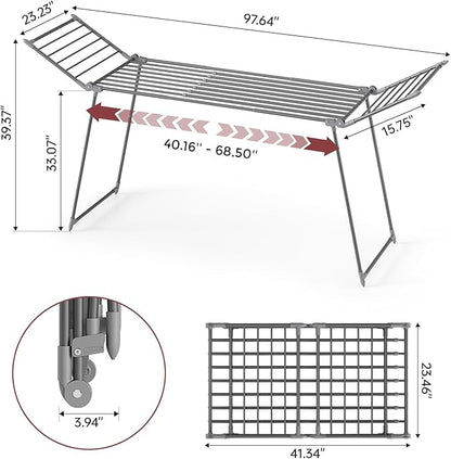 APEXCHASER Clothes Drying Rack Foldable, Large Drying Rack for Clothing Retractable, Winged Laundry Rack Folding Indoor Outdoor, Metal Clothes Airer for Bedding Towel Sweater Heavy Duty, Grey