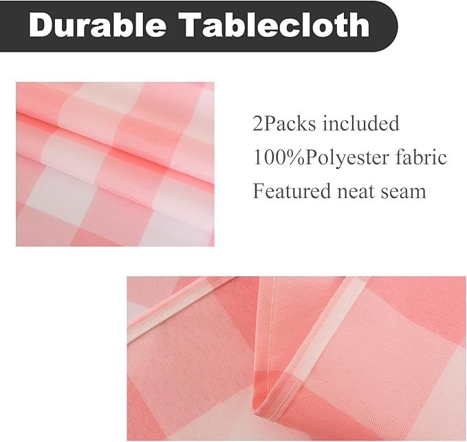 Cupuamon 2 Pack Waterproof Polyester Fabic Square Checkered Tablecloth，54x54 Outdoor Table Cloth，Oil Stain Prevention Table Cloth for Pinics and Parties（Pink and White）