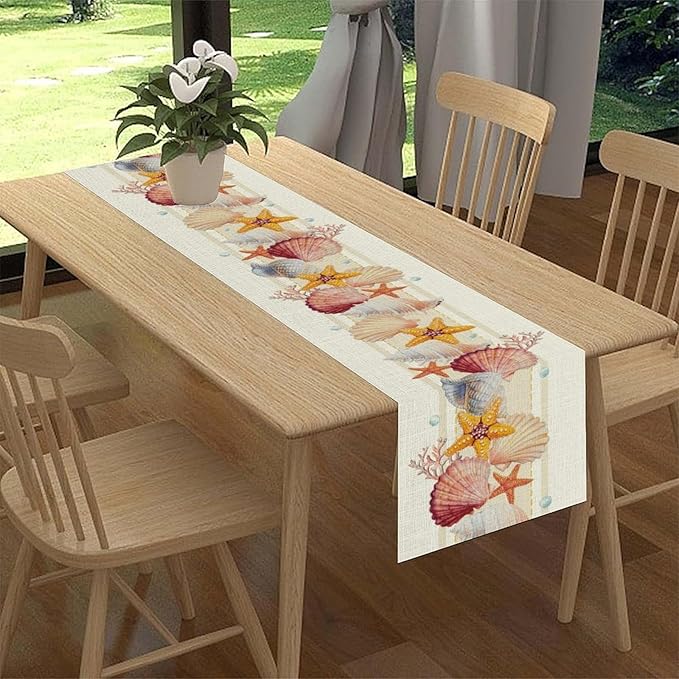 Coastal Table Runner, Yellow Coastal Starfish Coral Shell Pearl Beach Ocean Watercolor Summer Coffee Table Center Decor for Holiday Party Kitchen Outdoor Farmhouse Table Decorations, 13" X 72"
