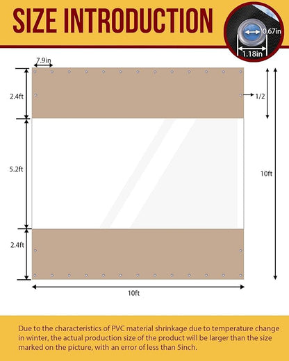 FoundGo 10'Hx10'W Outdoor Vinyl Curtains for Patio,19oz Clear Vinyl Patio Enclosure,Heavy Duty Clear Tarps Waterproof Vinyl Tarp with Grommets for Pergola, Porch,Gazebos,Balcony,-4℉ Cold Resistant