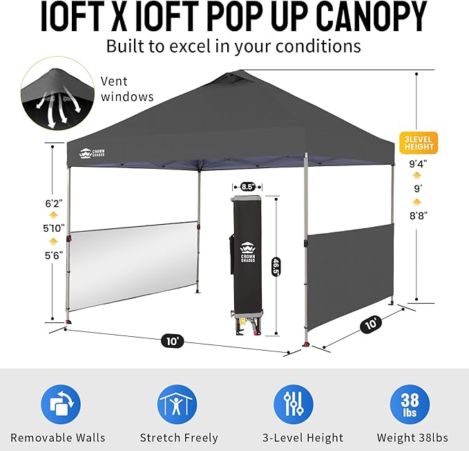 CROWN SHADES 10x10 Pop up Canopy Tent Instant Canopy with 150D Silver Coated Fabric Including 2 Half Sidewalls, 4 Ropes, 8 Stakes, 4 Weight Bags, STO 'N Go Bag, Grid Grey