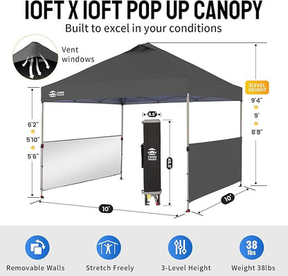 CROWN SHADES 10x10 Pop up Canopy Tent Instant Canopy with 150D Silver Coated Fabric Including 2 Half Sidewalls, 4 Ropes, 8 Stakes, 4 Weight Bags, STO 'N Go Bag, Grid Grey