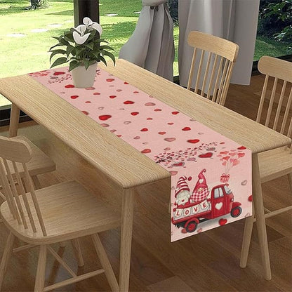 Valentines Day Table Runner,Pink Red Heart Gnomes Truck Balloon Valentines Runner for Table Seasonal Cute Decor for Indoor Outdoor Dining Table Decorations, 13"x72"