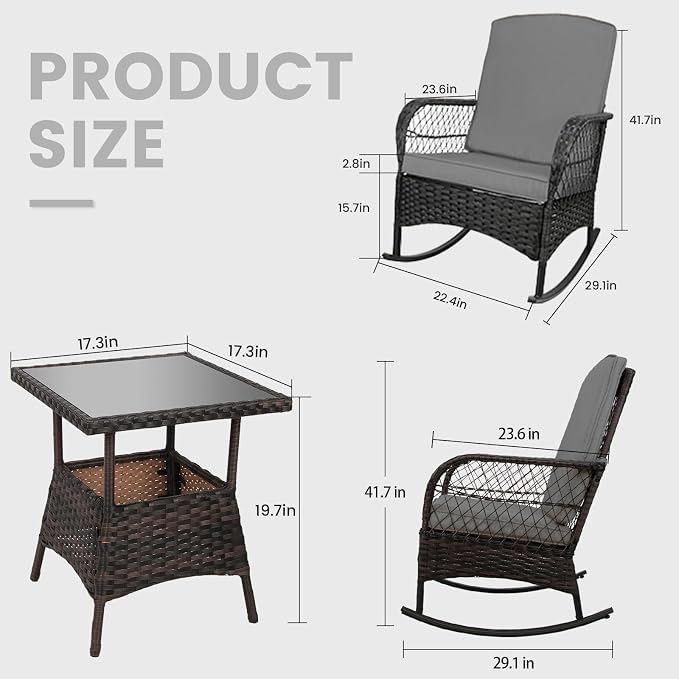 3 pcs Rocking Bistro Set Conversation Chairs PE Wicker Outdoor Rocking Chairs & - Image 3