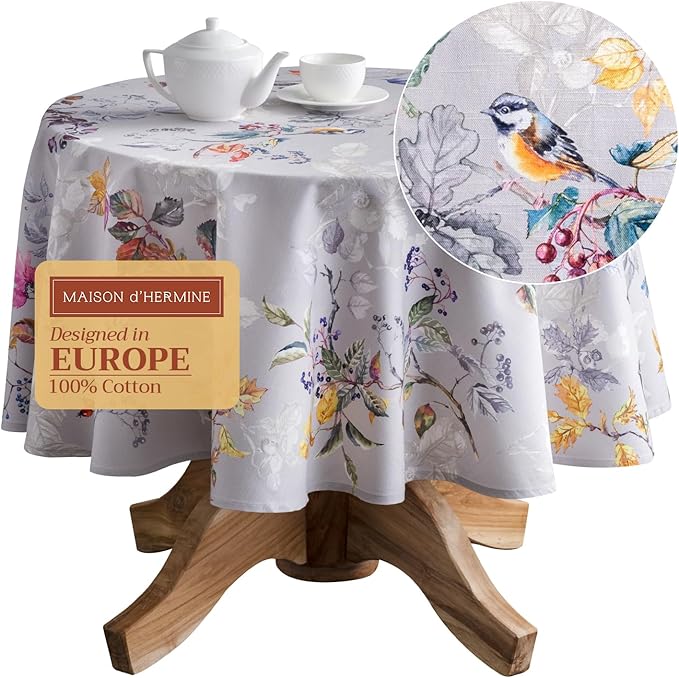 Maison d' Hermine Table Cloth Round Table 100% Cotton 69 Inches Fall Tablecloth Reusable Everyday Use for Thanksgiving Christmas Decorations Dining Farmhouse Party (Equinoxe - Grey)