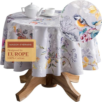 Maison d' Hermine Table Cloth Round Table 100% Cotton 63 Inches Fall Tablecloth Reusable Everyday Use for Thanksgiving Christmas Decorations Dining Farmhouse Party (Equinoxe - Grey)