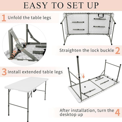 Folding Tables with Carrying Handle Lightweight Rectangular Portable Plastic Camping Table Steel Legs for Party, Dining, Wedding, Events, Picnic Indoor, Outdoor (1, White, 4 FT)