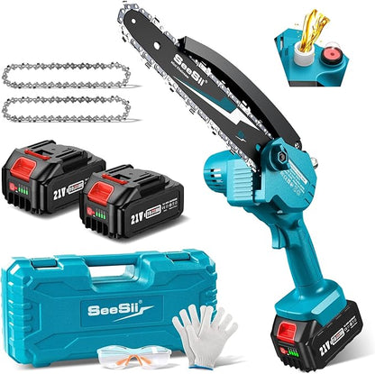 Seesii Mini Chainsaw 8-inch, Mini Chainsaw Cordless Tool Set, Battery Chainsaw with 2x 4.0Ah Batteries, Handheld Electric Power Chain Saw with Oiler, Safety Lock for Tree Trimming,Wood Cutting