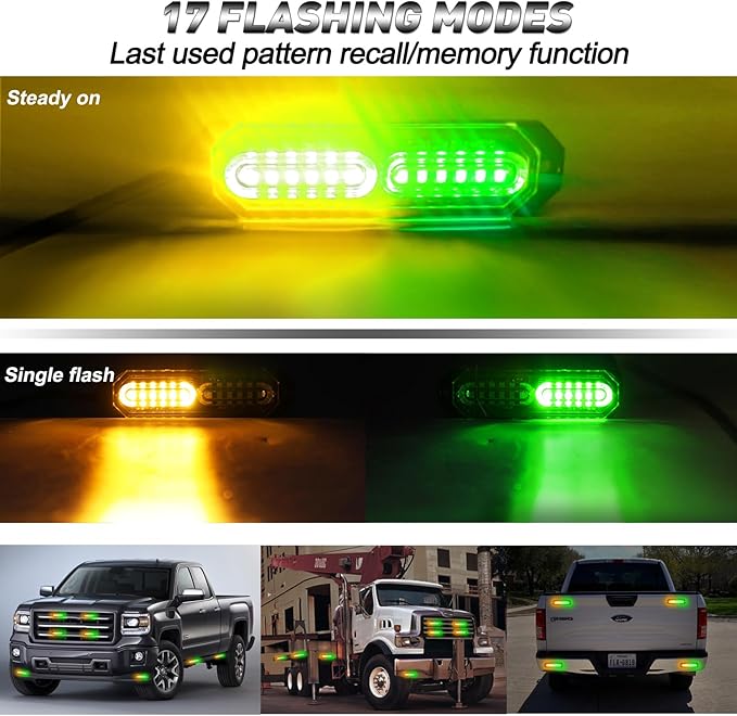 ASPL 8pcs Sync Feature Ultra Slim 12-LED Surface Mount Flashing Strobe Lights for Truck Car Vehicle LED Mini Grille Light Head Emergency Beacon Hazard Warning Lights (Amber/Green)