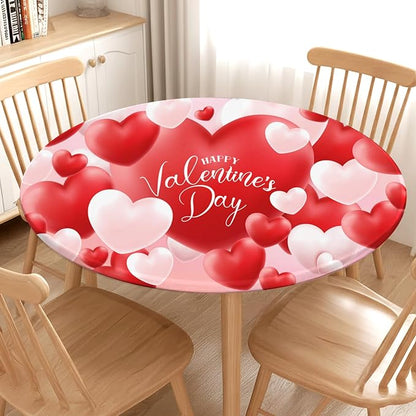 Valentines Day Round Fitted Tablecloth with Elastic Red White Love Heart Circle Table Cloth for 36-40" Round Tables Wipeable Waterproof Washable Valentine Table Cover for Picnic Dining Party Decor