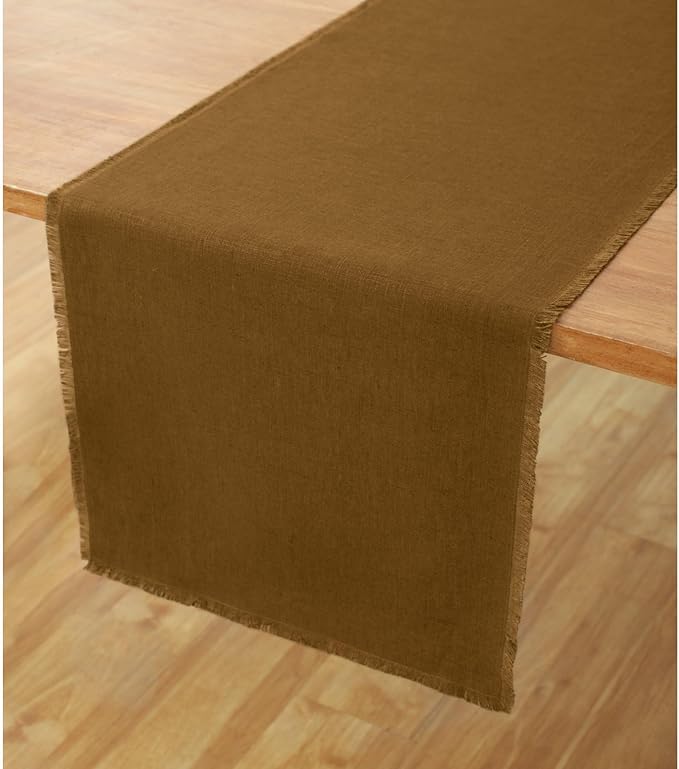 Solino Home Fringe Linen Table Runner 72 Inches Long - 100% Pure Linen Toffee Brown Dining Table Runner 14 x 72 Inch - Handcrafted and Machine Washable