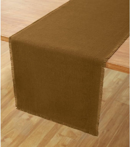 Solino Home Fringe Linen Table Runner 108 Inches Long - 100% Pure Linen Toffee Brown Dining Table Runner 14 x 108 Inch - Handcrafted and Machine Washable