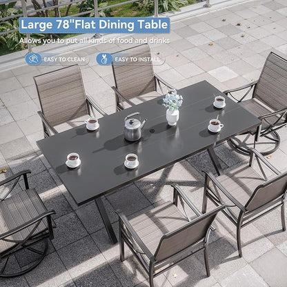 Kurapika 7-Piece Patio Dining Set, Outdoor Large Table with Umbrella Hole, 4 Stationary Chairs and 2 Swivel/Rocking Chairs, Patio Furniture Set for Garden, Deck, Porch, Pool All Weather, Brown