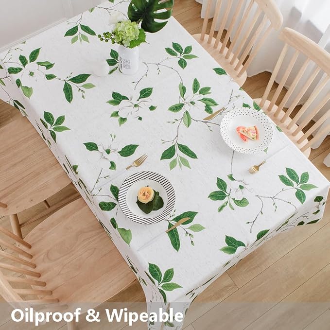 TruDelve Heavy Duty Vinyl Table Cloth for Kitchen Dining Tables Wipeable PVC Tablecloth for Rectangle Table (54'' x 84'', Green Leaves)
