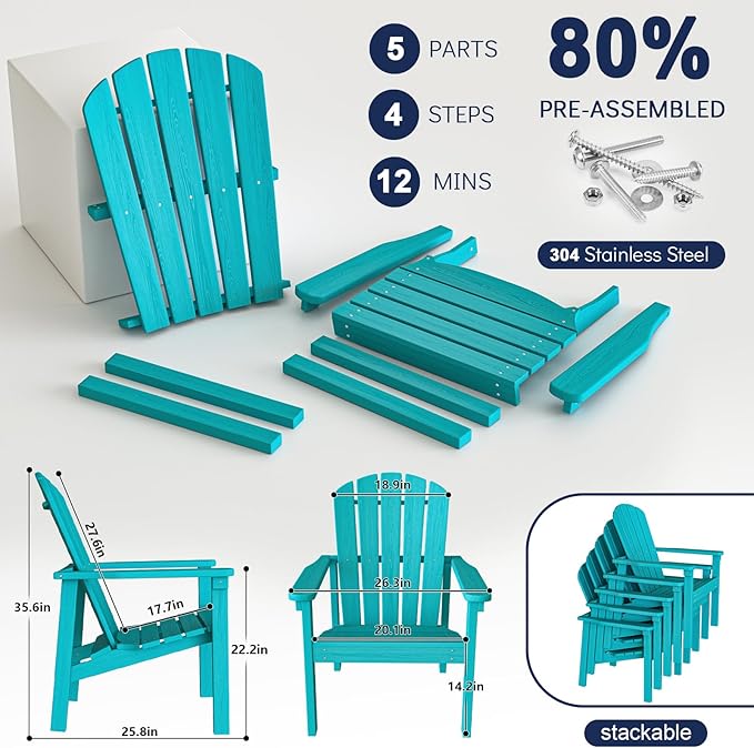 Compact Stackable Adirondack Chairs, All Weather HDPE, Aruba | 26.3" Wide HDPE - Image 5