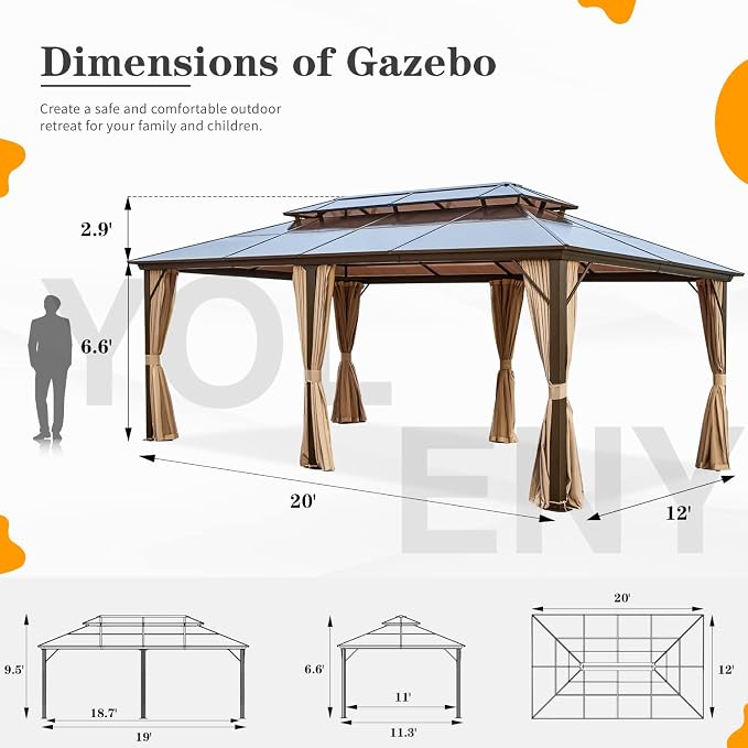 12'x20' Hardtop Gazebo, Outdoor Polycarbonate Double Roof Canopy, Aluminum - Image 3