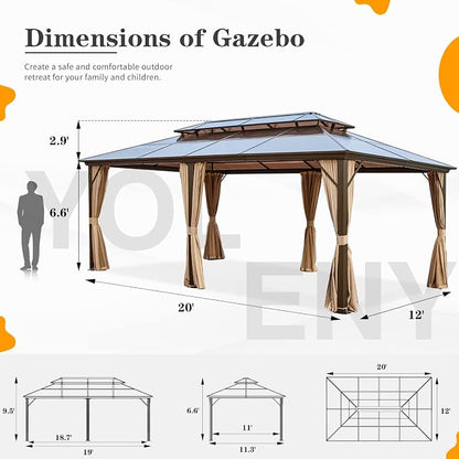 12'x20' Hardtop Gazebo, Outdoor Polycarbonate Double Roof Canopy, Aluminum - Image 3