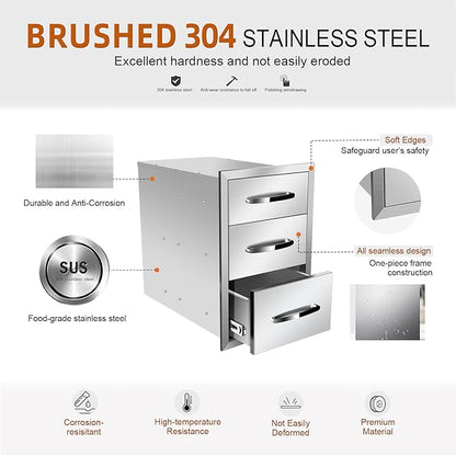 Outdoor Kitchen Drawers, Box Frame Style Flush Mount BBQ Drawer w/Stainless Steel Handle, BBQ Island Drawers For Patio Grill Station,Three Drawers