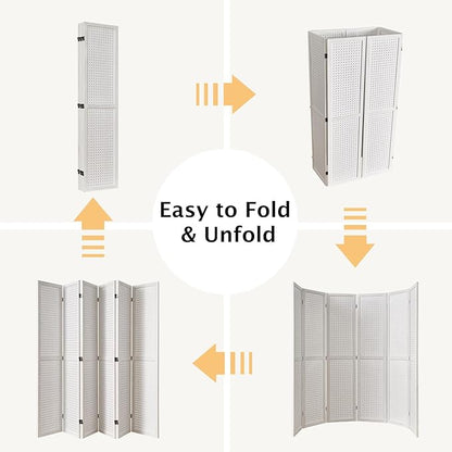 Pegboard Display, 5.6Ft Wooden Room Divider Folding Privacy Screens Portable Freestanding Wall Organizer for Retail Craft Art Display Board (6panels, White)