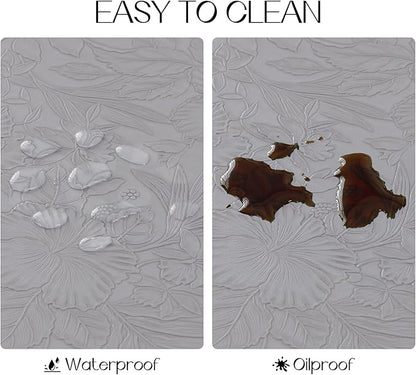 Romanstile Vinyl Placemats Set of 8-12 X 18 Inch - Heat Resistant Non-Slip Embossed Floral Place Mats 100% Waterproof Oilproof Wipeable Faux Leather Table Mats for Kitchen/Dining/Party, Grey