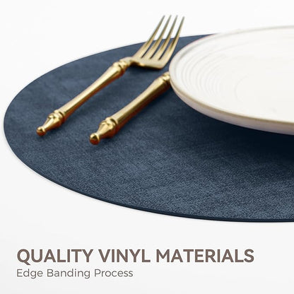 13" Round Placemats Set of 6, Reversible Faux Leather Heat Resistant Table Mats, 100% Waterproof Oilproof Wipeable Table Protective Placemats for Vinyl, Washable for Indoor (6, Navy Blue)